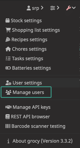 Grocy's settings menu. You'll want to select "Manage users."